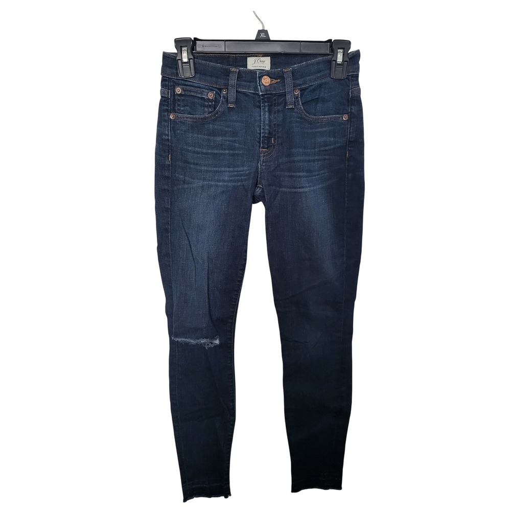 J.Crew Toothpick Skinny Jeans Women's 24 Dark Blue Raw Hem Mid Rise Distressed